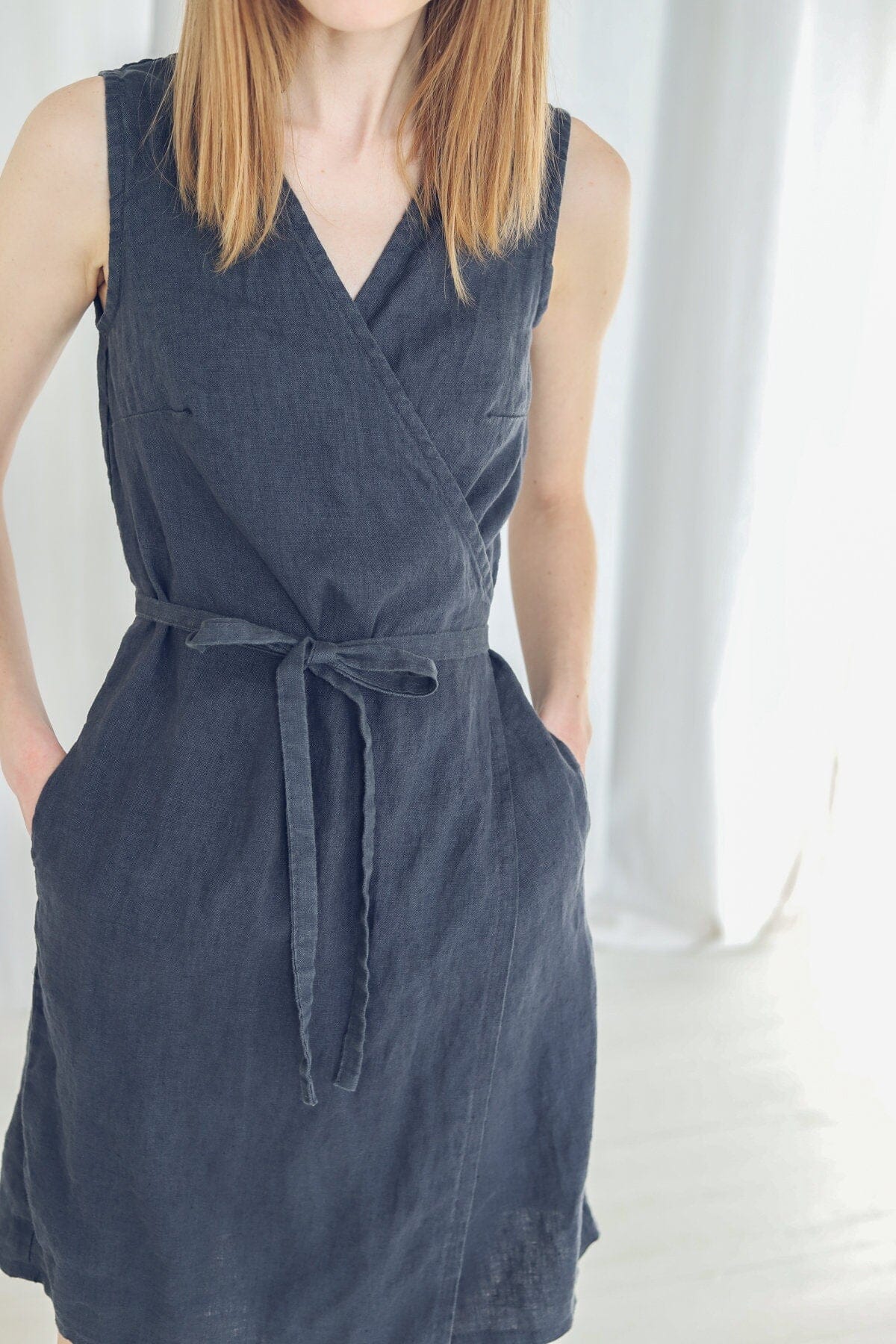 Casual Sleeveless Linen Dress with Long Belt Old Linen Mill 