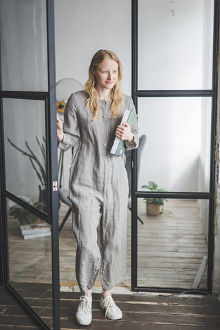 Checkered Linen Loose Jumpsuit Old Linen Mill 