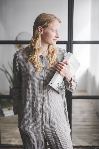 Checkered Linen Loose Jumpsuit Old Linen Mill 
