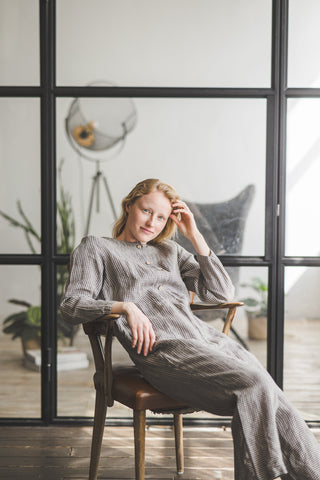 Checkered Linen Loose Jumpsuit Old Linen Mill 
