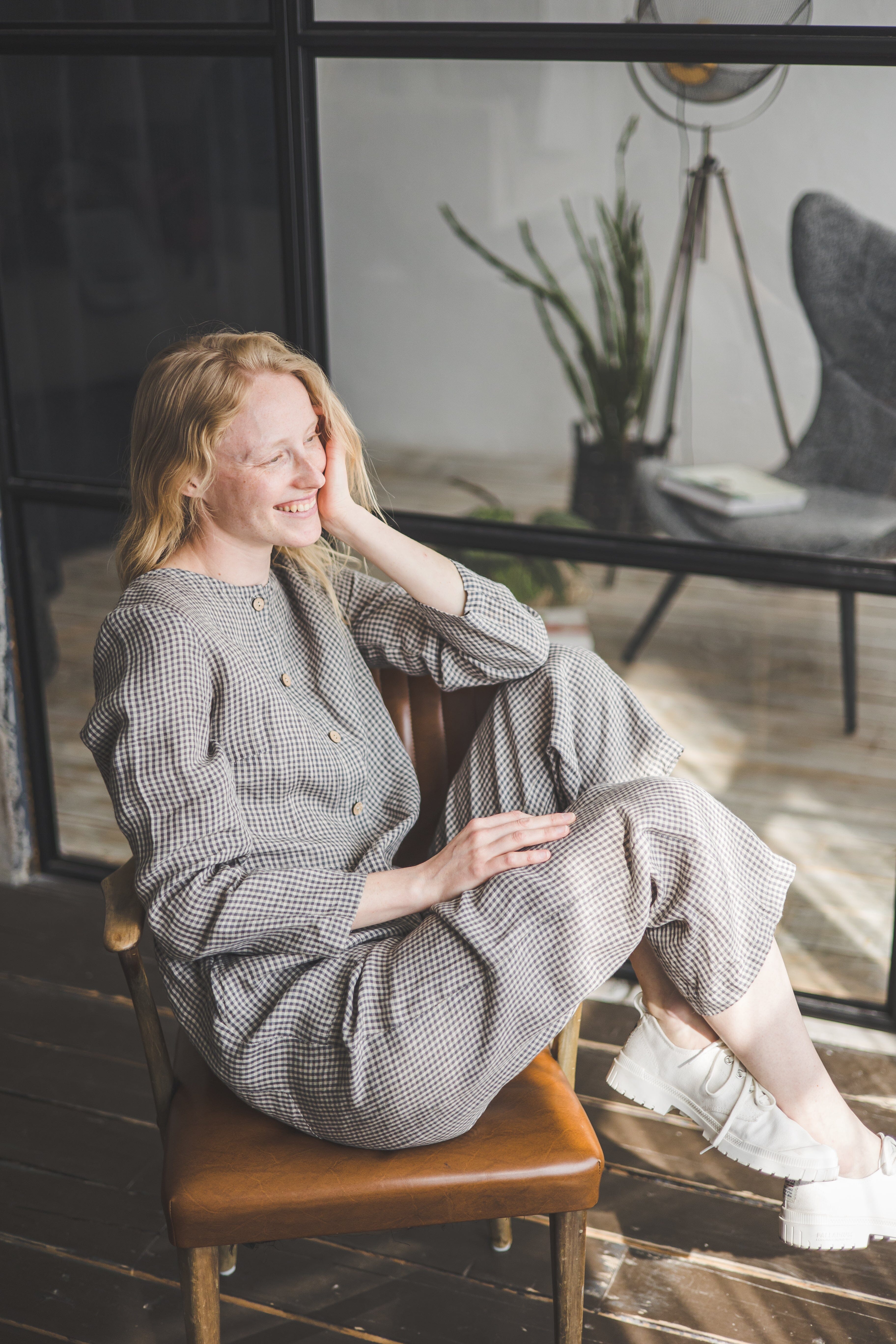 Checkered Linen Loose Jumpsuit Old Linen Mill 