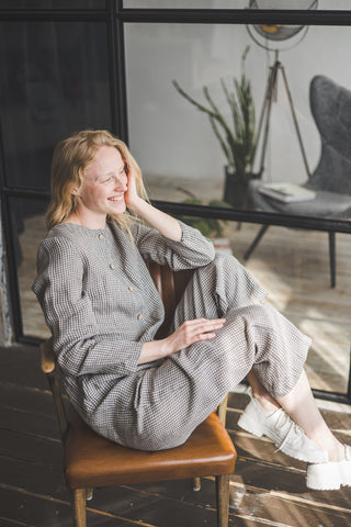 Checkered Linen Loose Jumpsuit Old Linen Mill 