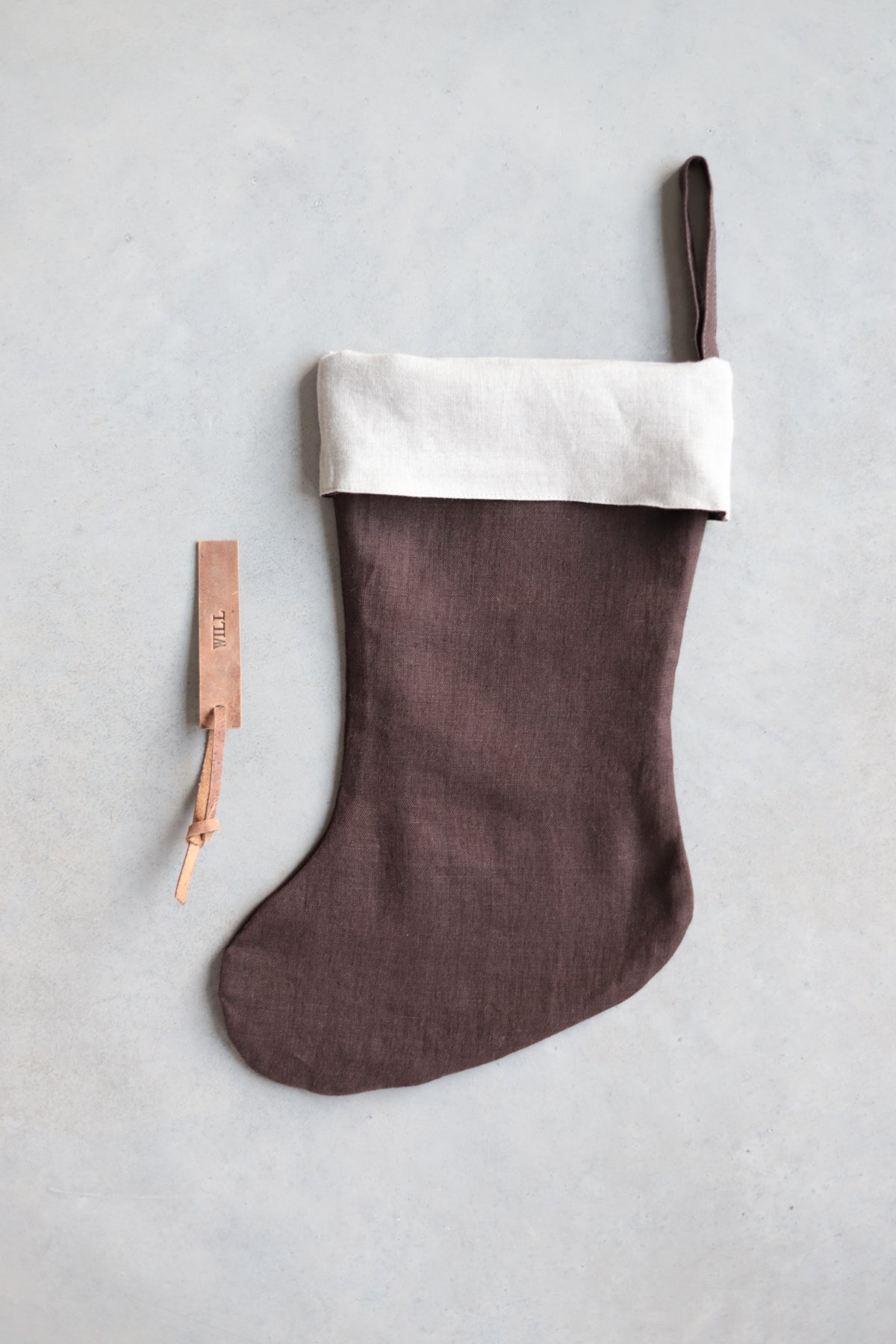 Christmas Linen Stocking with Free Personalization Chocolate Brown oldlinenmill.com