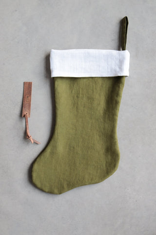 Christmas Linen Stocking with Free Personalization Moss Green oldlinenmill.com