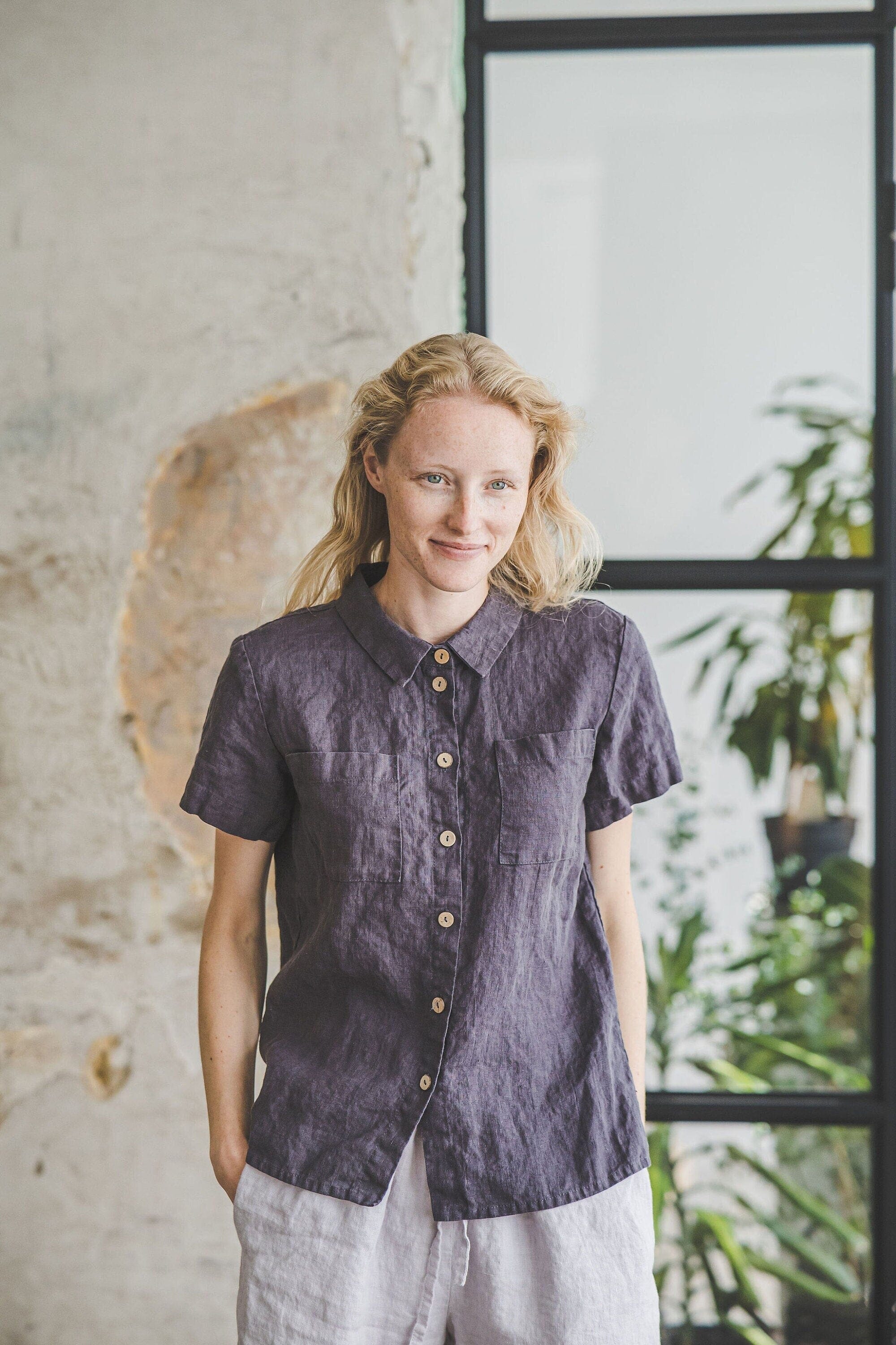 Classic Button Up Linen Shirt Old Linen Mill Small Grey Checks XS 