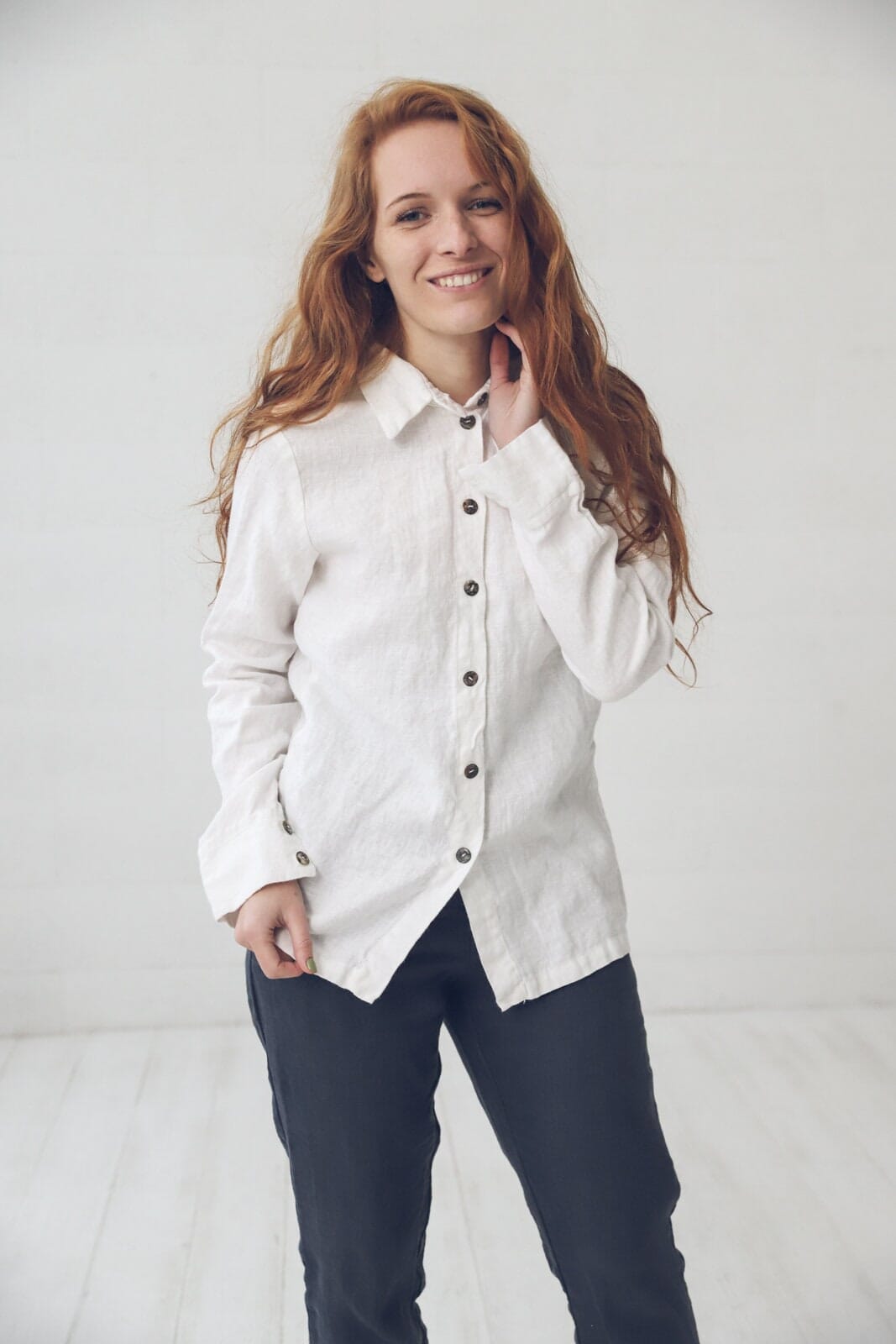 Classic Linen Button Down Shirt Old Linen Mill Small Grey Checks XS/S 