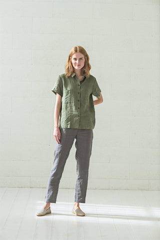 Classic Linen Short Sleeves Shirt Old Linen Mill Small Grey Checks XS 