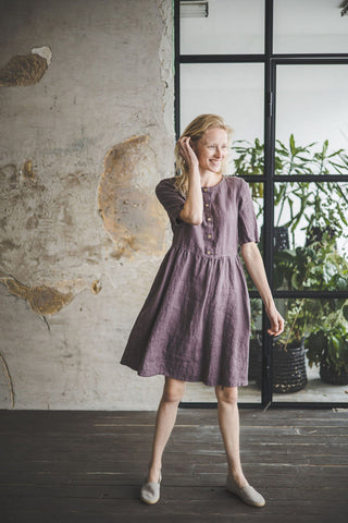 Classic Linen Women Dress Old Linen Mill Small Grey Checks XS 
