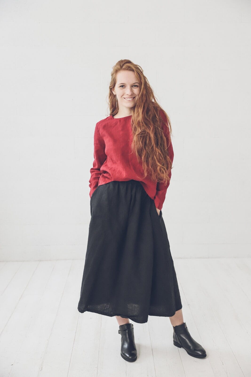 Classic Long Linen Boho Skirt Old Linen Mill Small Grey Checks XS/S 