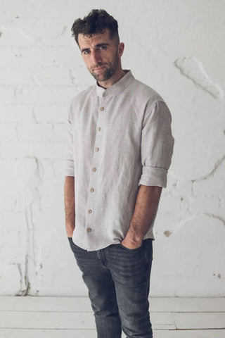 Classic Long Sleeves Linen Men Shirt Old Linen Mill Ivory XS 