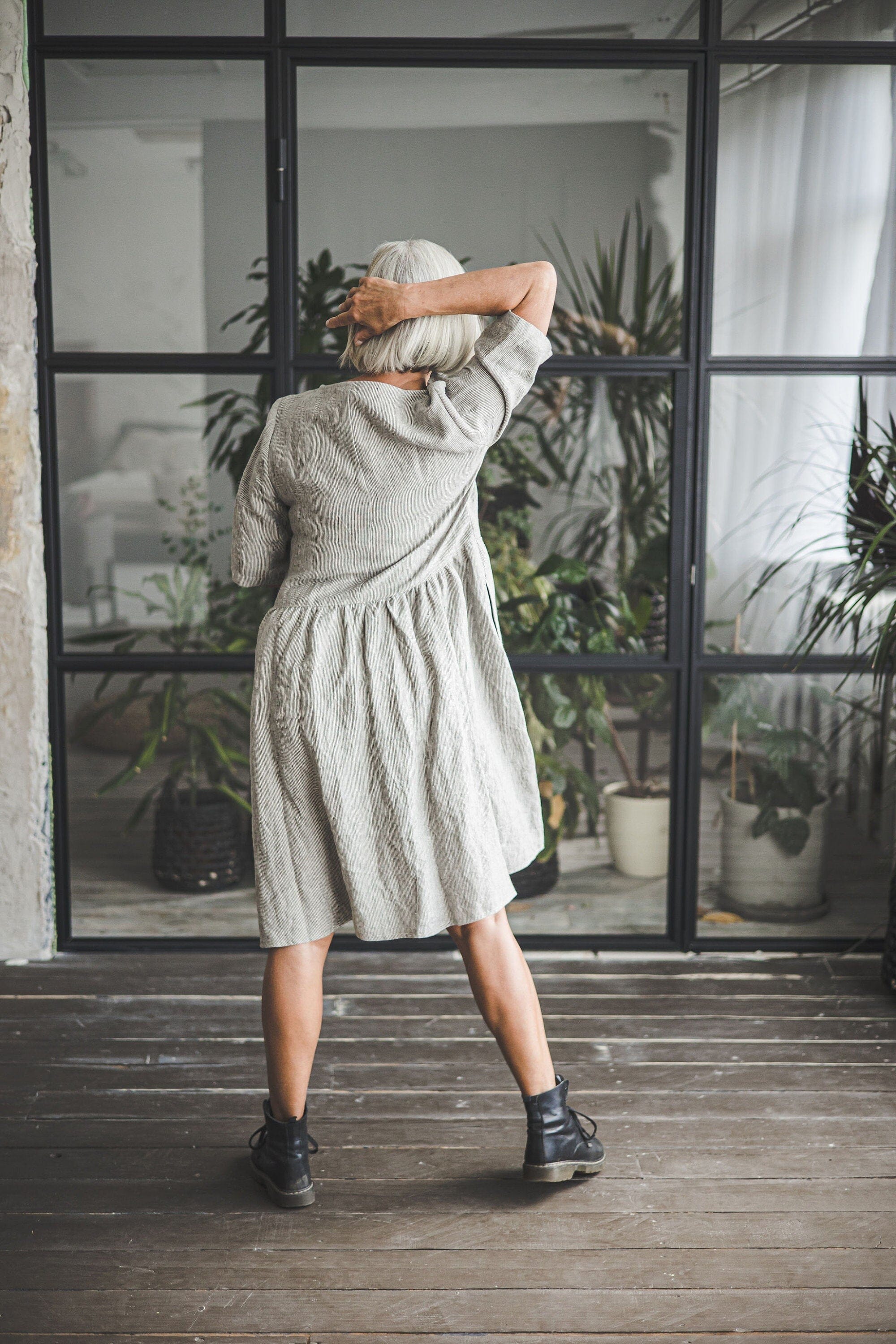 Classic Patterned Linen Midi Dress Old Linen Mill Classic Patterned Linen Midi Dress Old Linen Mill