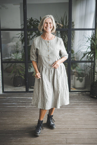 Classic Midi Linen Dress Old Linen Mill Small Grey Checks XS 