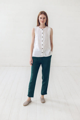 Classic Tapered Linen Women Pants Old Linen Mill Small Grey Checks XS 