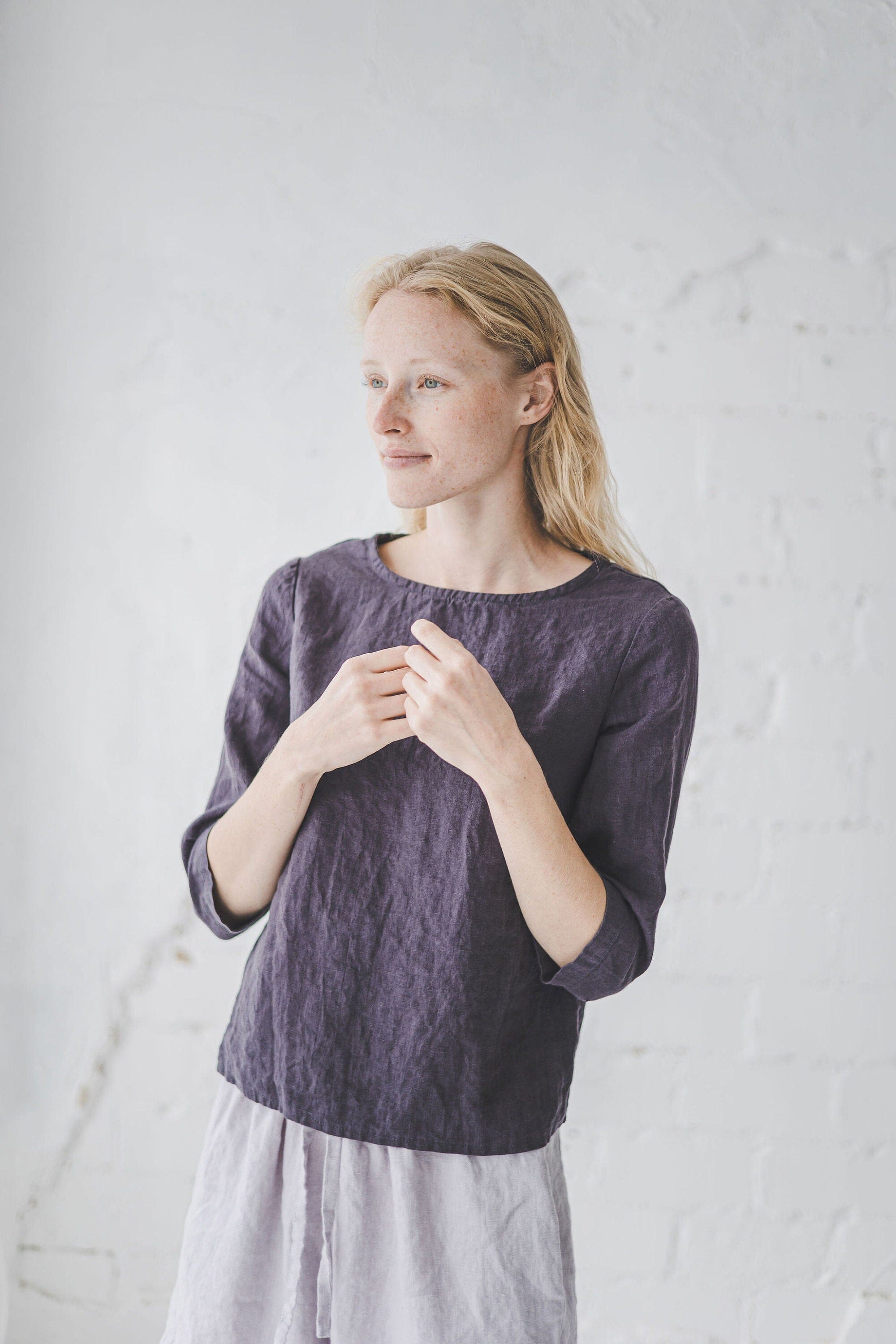 Classic Women's Top 3/4 Sleeves Linen Blouse T03 Old Linen Mill 