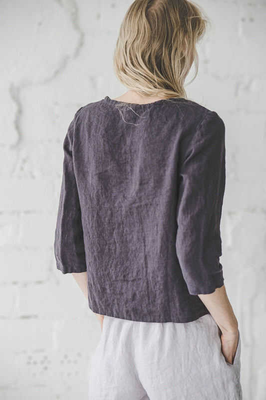 Classic Women's Top 3/4 Sleeves Linen Blouse T03 Old Linen Mill 
