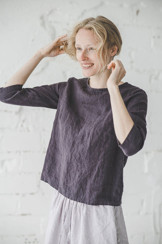 Classic Women's Top 3/4 Sleeves Linen Blouse T03 Old Linen Mill Small Grey Checks XS 