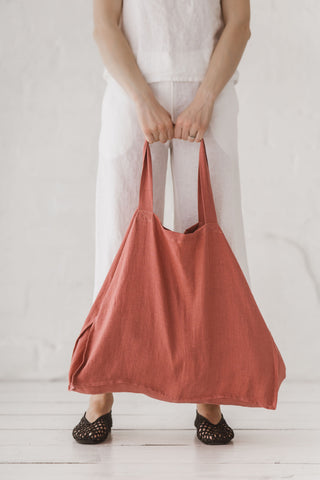 Coral Linen Tote Bag Tote bag Living Coral Old Linen Mill