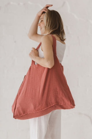 Coral Linen Tote Bag Tote bag Living Coral Old Linen Mill
