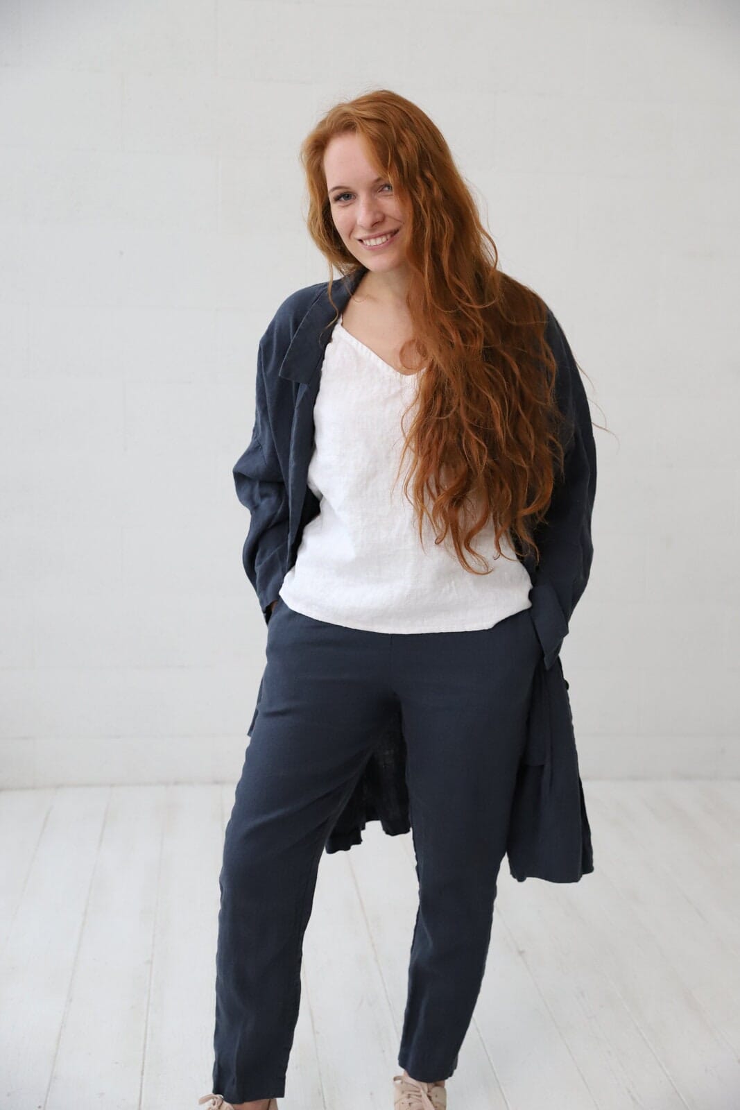 Elastic High Waisted Band Linen Pants Old Linen Mill Dark Grey XS 