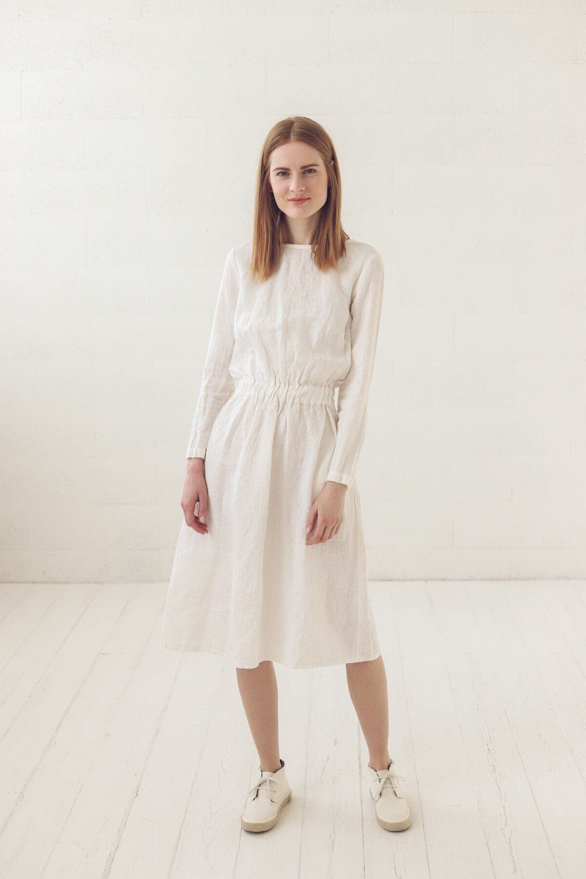 Elegant Fitted Long-Sleeve Soft Linen Dress Old Linen Mill Small Grey Checks XS 