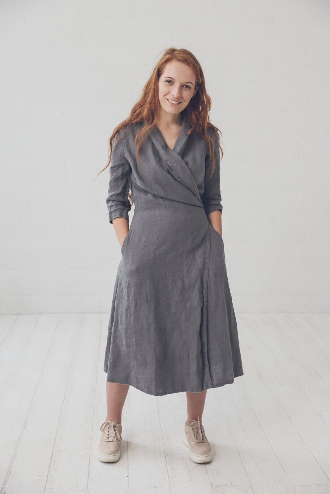 Elegant Long Linen Maxi Wrap Dress Old Linen Mill Small Grey Checks XS 
