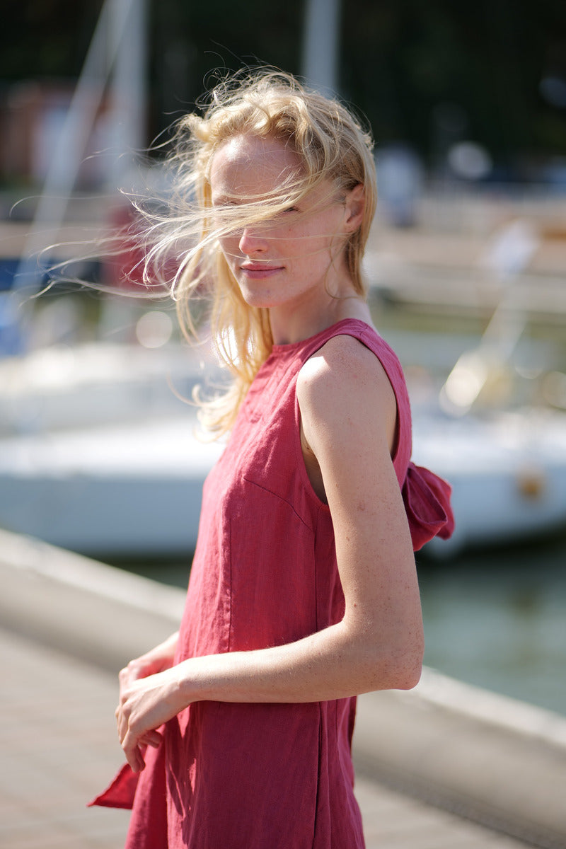 FLORA Linen Midi Bow Dress D58-1 Old Linen Mill