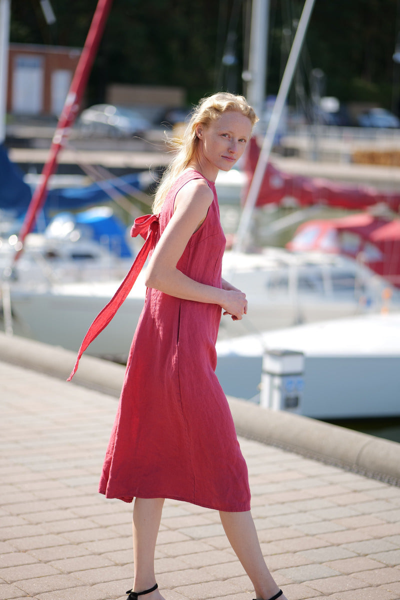 FLORA Linen Midi Bow Dress D58-1 Old Linen Mill