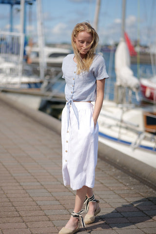 Gauze Linen Tie-Front Summer worn together with heavy linen skirt