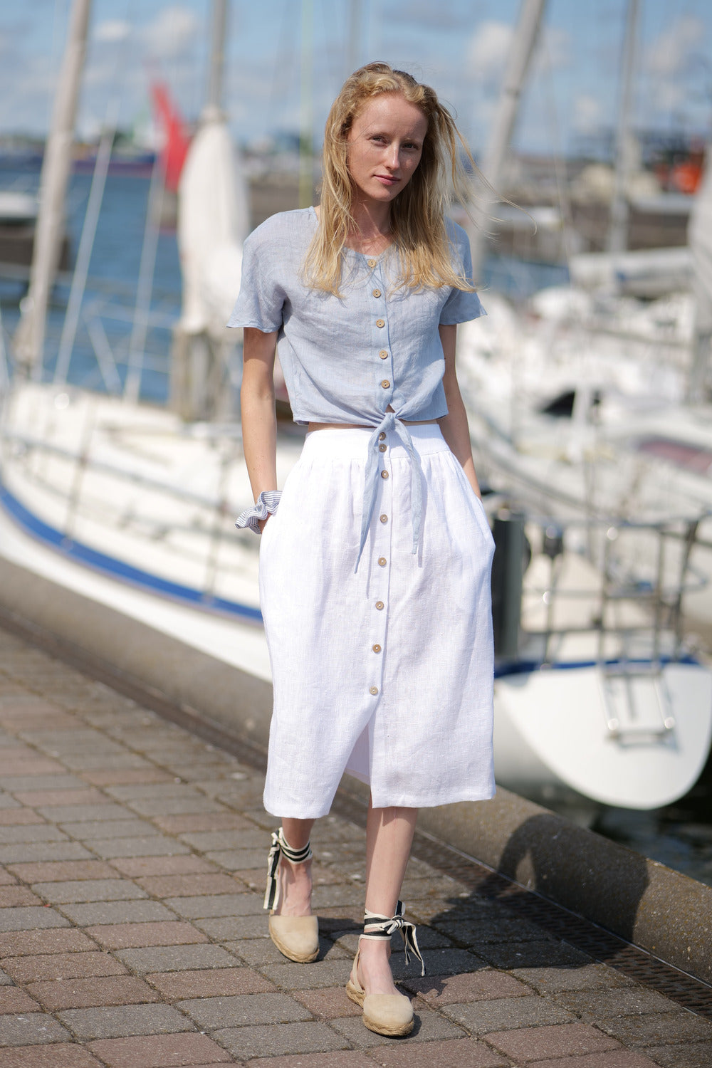 Gauze Linen Tie-Front Summer Top for women picture taken at the marina