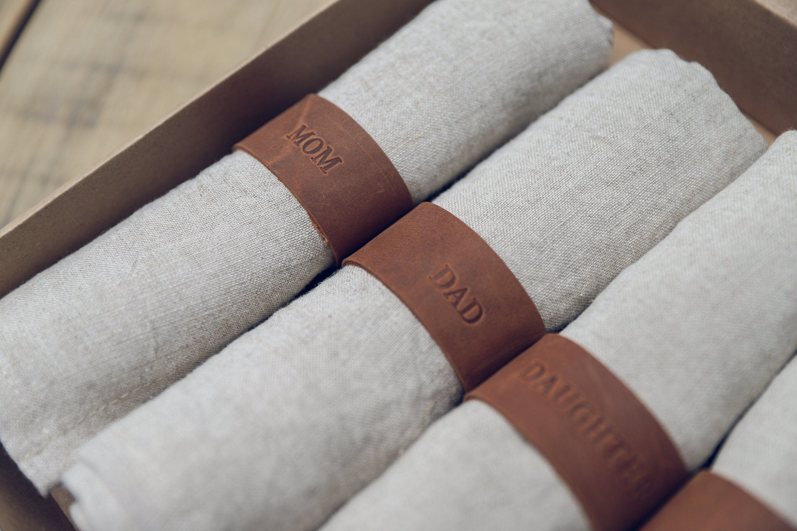 Gift Set of 6 Linen Napkins with Leather Rings Old Linen Mill 