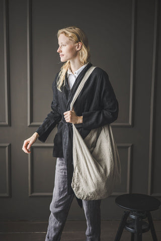 Handmade Linen Tote Bag Old Linen Mill Small Grey Checks 