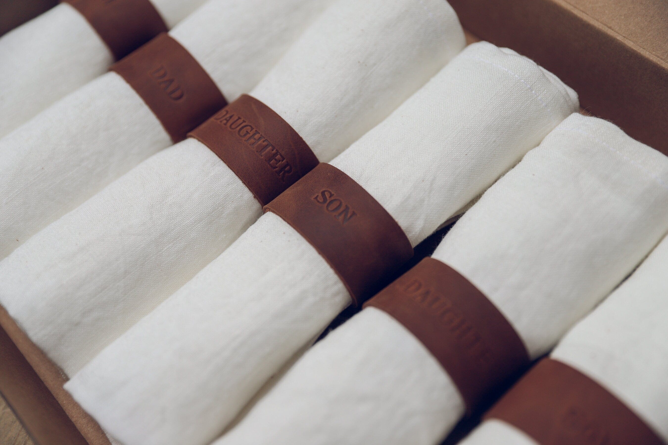 Handmade Sets of Personalized Leather Napkin Rings Old Linen Mill 