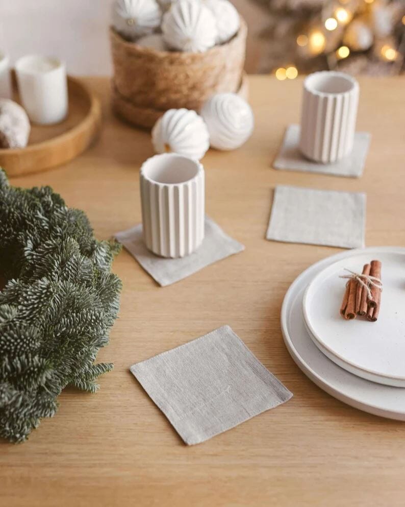 Handmade Table Linen Mug Coasters Old Linen Mill Ivory Set 4 12 cm / 4.7" 