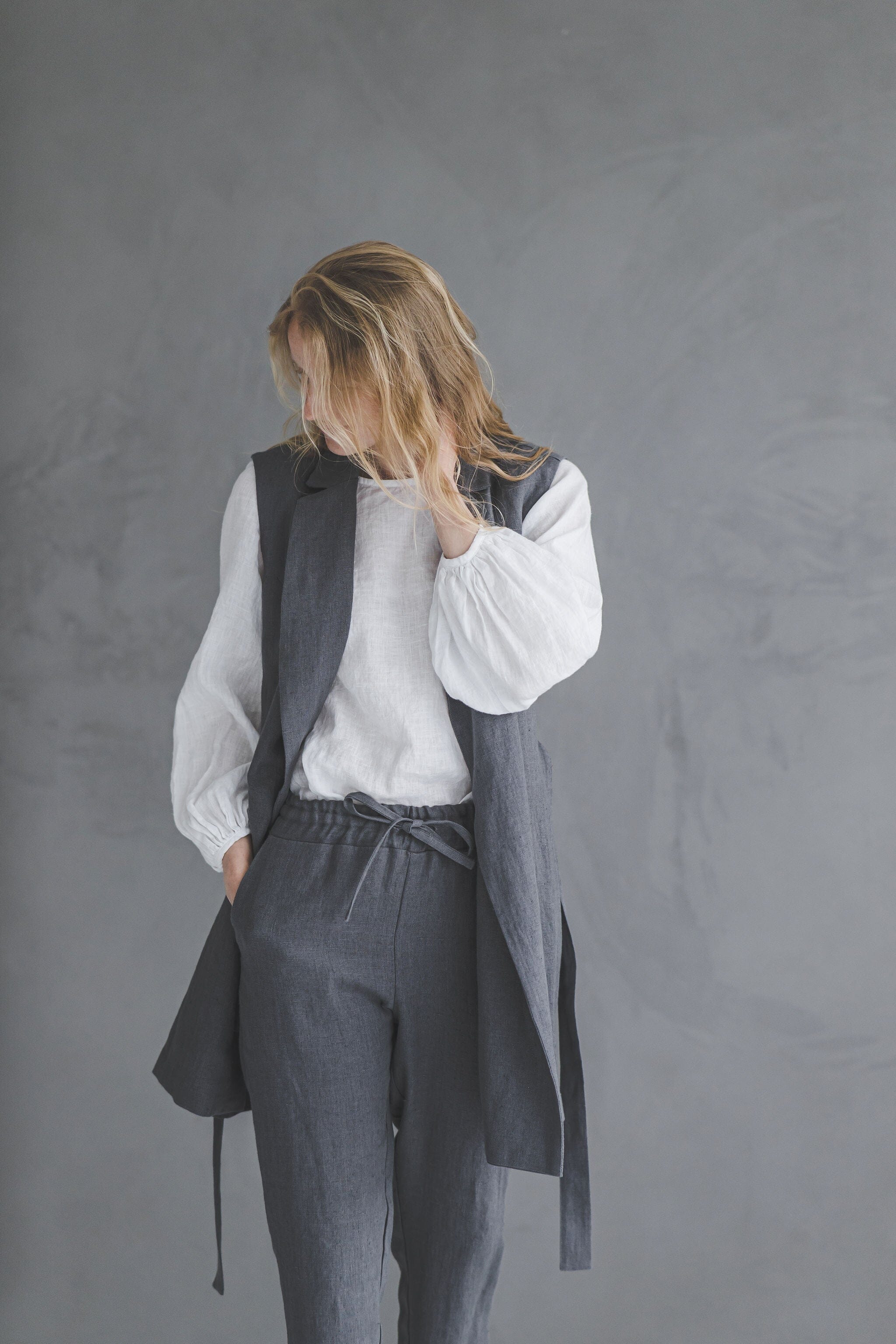 Heavy Linen Sleeveless Cardigan With Belt C17 Old Linen Mill