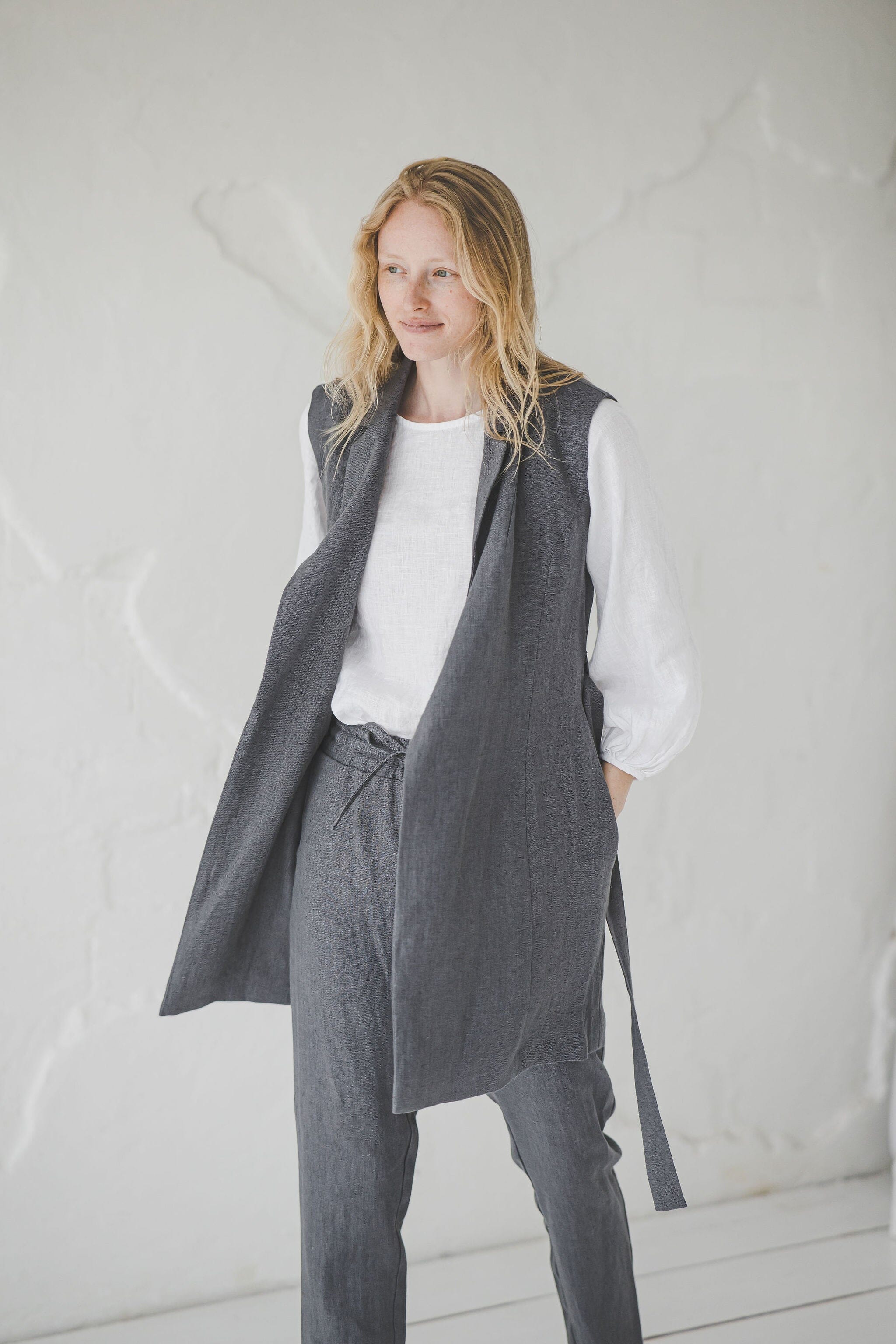 Heavy Linen Sleeveless Cardigan With Belt C17 Old Linen Mill