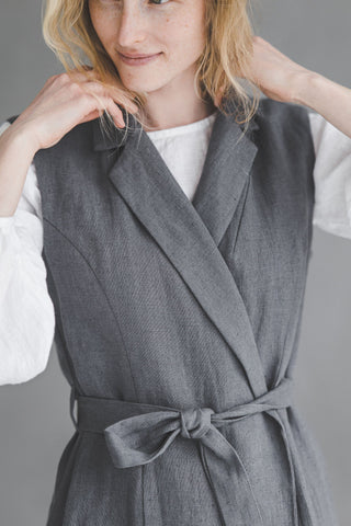 Heavy Linen Sleeveless Cardigan With Belt C17 Old Linen Mill