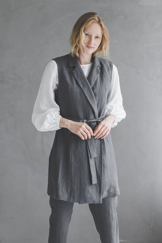 Heavy Linen Sleeveless Cardigan With Belt C17 Heavy Solid Grey / XS Old Linen Mill