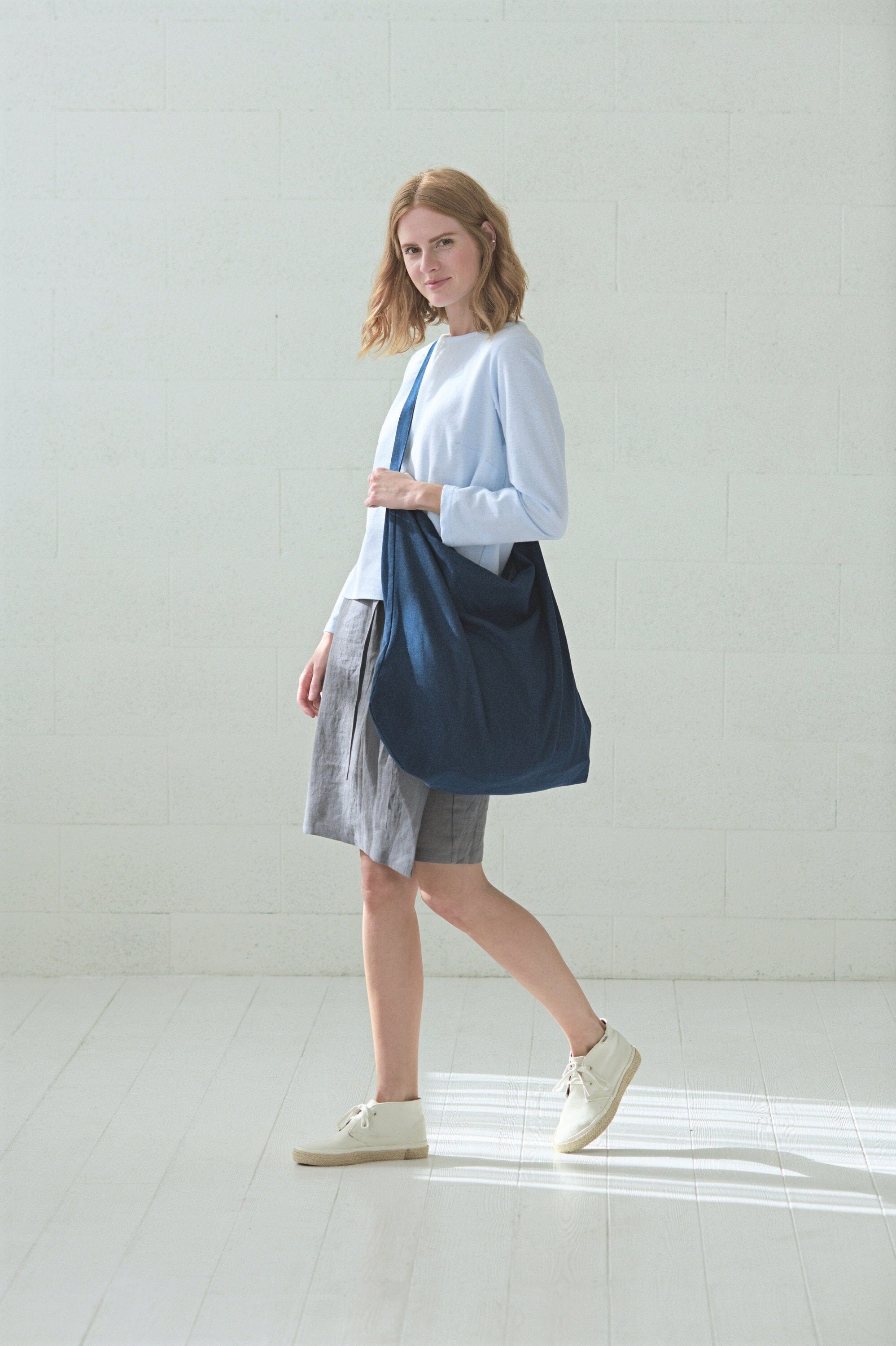 Heavy Linen Tote Bag with Pockets Old Linen Mill Dark Blue Cotton 