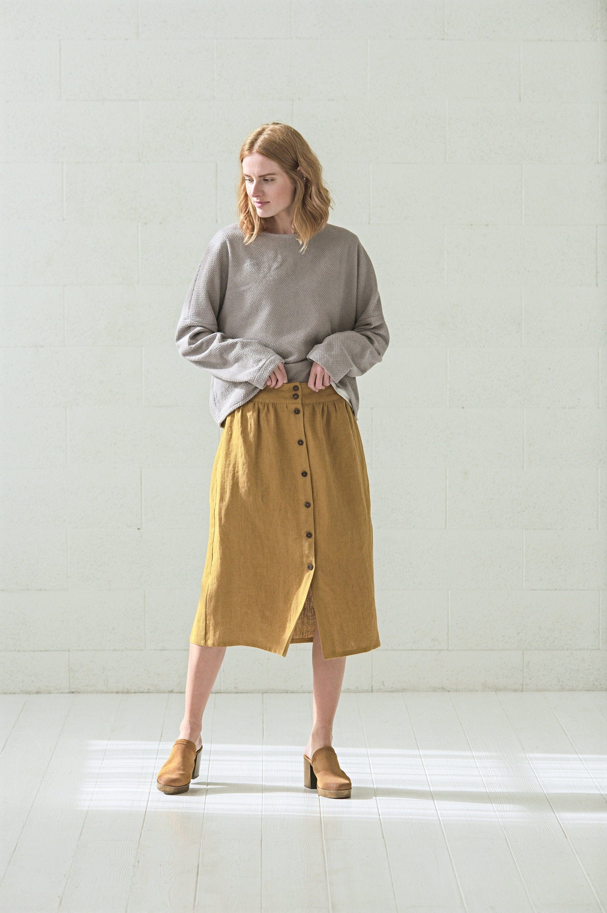 High Waist Heavy Linen Buttons Down Skirt Old Linen Mill 