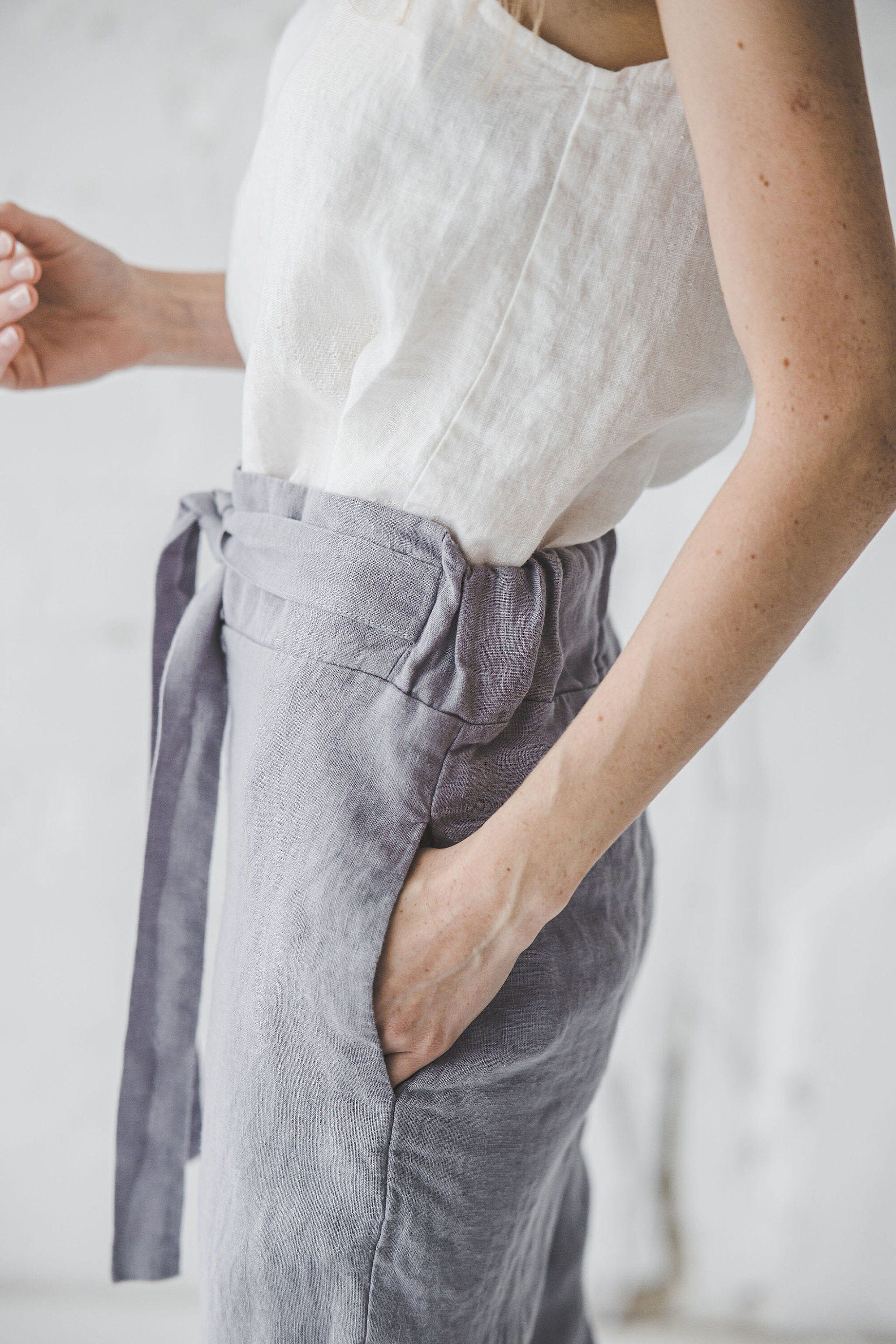 High Waisted Linen Pants with Belt Old Linen Mill 