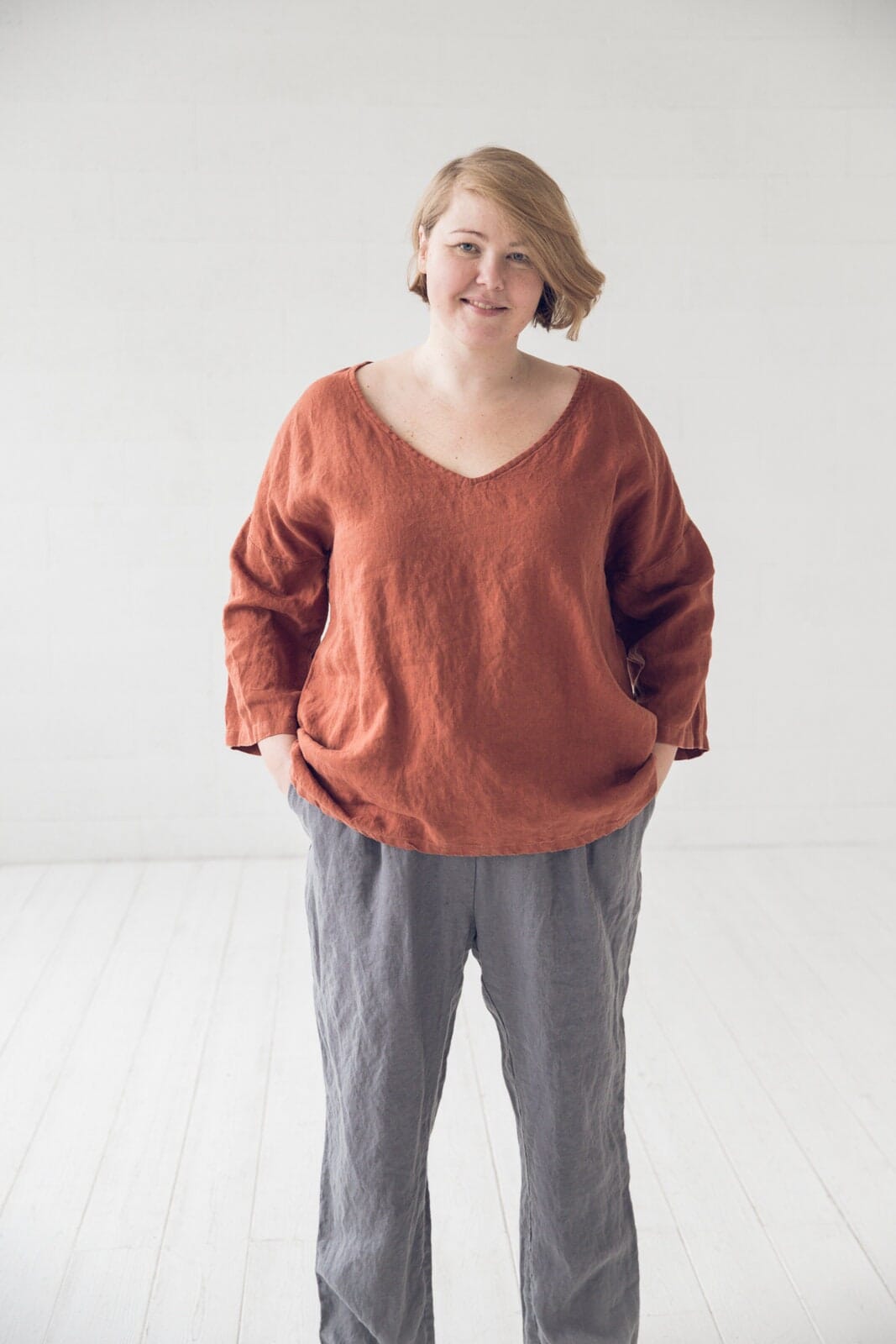 Kimono V-Neck Linen Top Blouse Old Linen Mill Small Grey Checks 3 XL / 4XL 