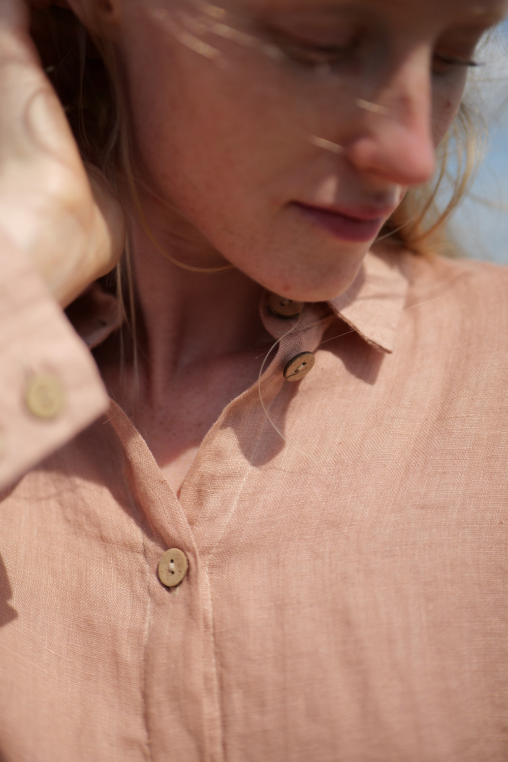 Linen summer shirt close up picture with collar details