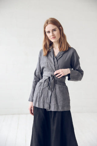 Linen Boho Jacket with Belt Old Linen Mill Small Grey Checks XS/S 