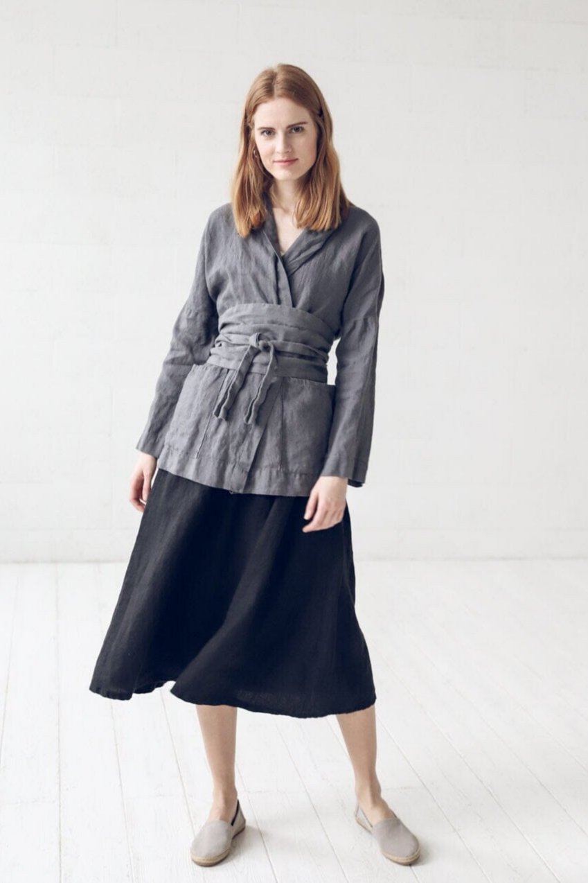 Linen Boho Jacket with Wide Belt Old Linen Mill Small Grey Checks XS/S 