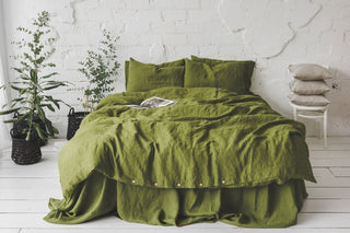 Linen Boho Moss Green Bedding Set Old Linen Mill Ivory US/CA Single 