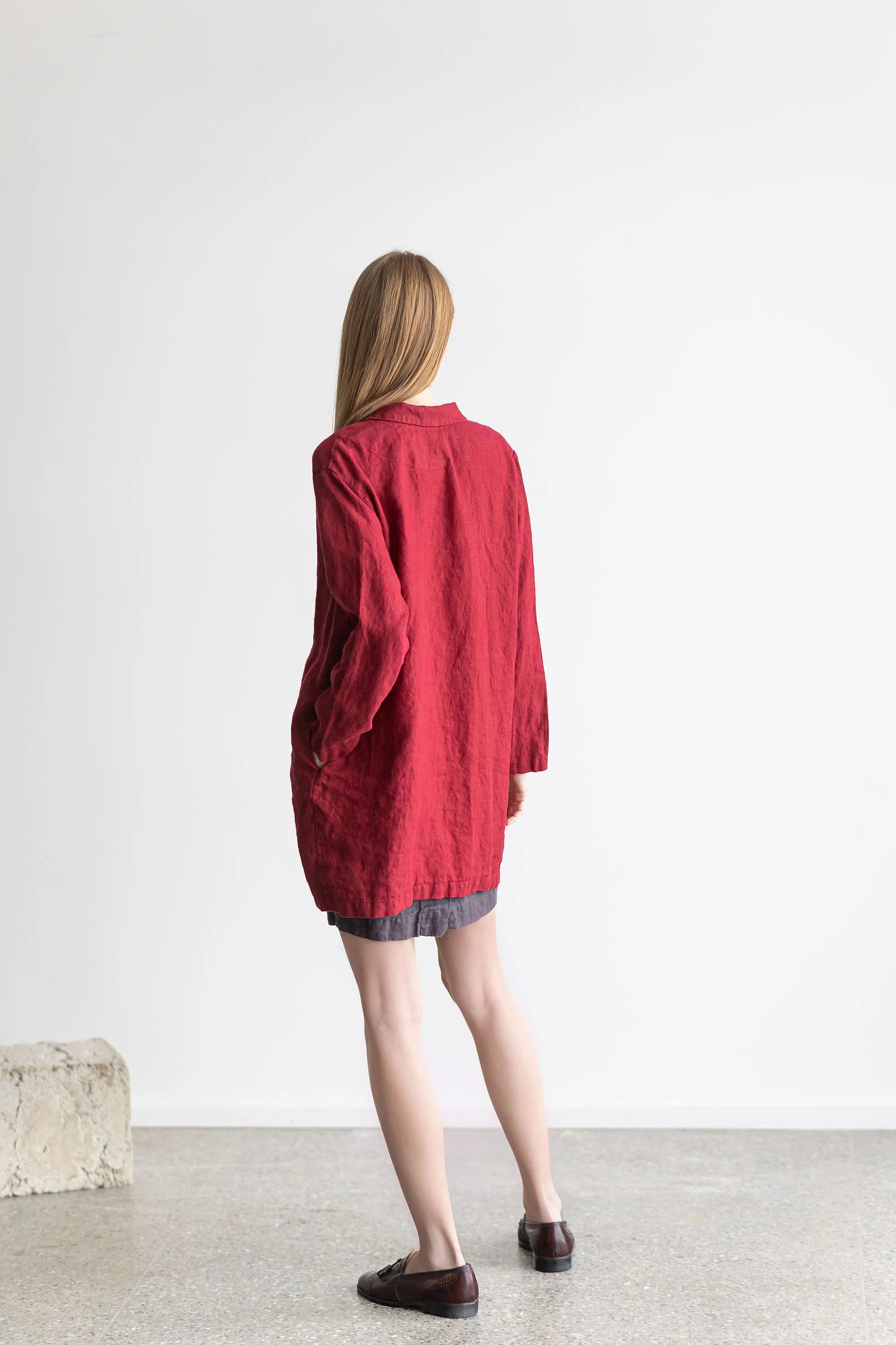 Linen Boyfriend Jacket, Classic Linen Blazer with Pockets Old Linen Mill