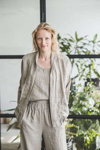 Linen Cardigan for Women C06 Old Linen Mill Small Grey Checks XS/S 