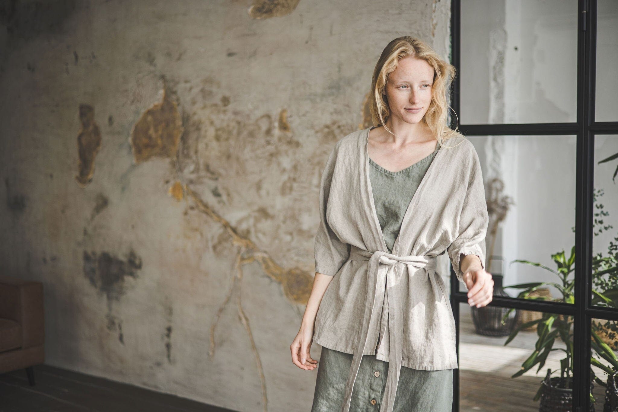 Linen Cardigan Jacket with Kimono Sleeves Old Linen Mill 