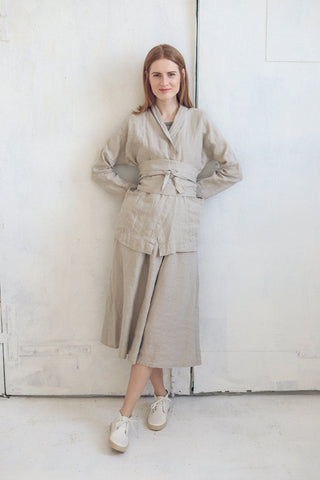 Linen Casual Boho Jacket with Wide Belt Old Linen Mill Small Grey Checks XS/S 