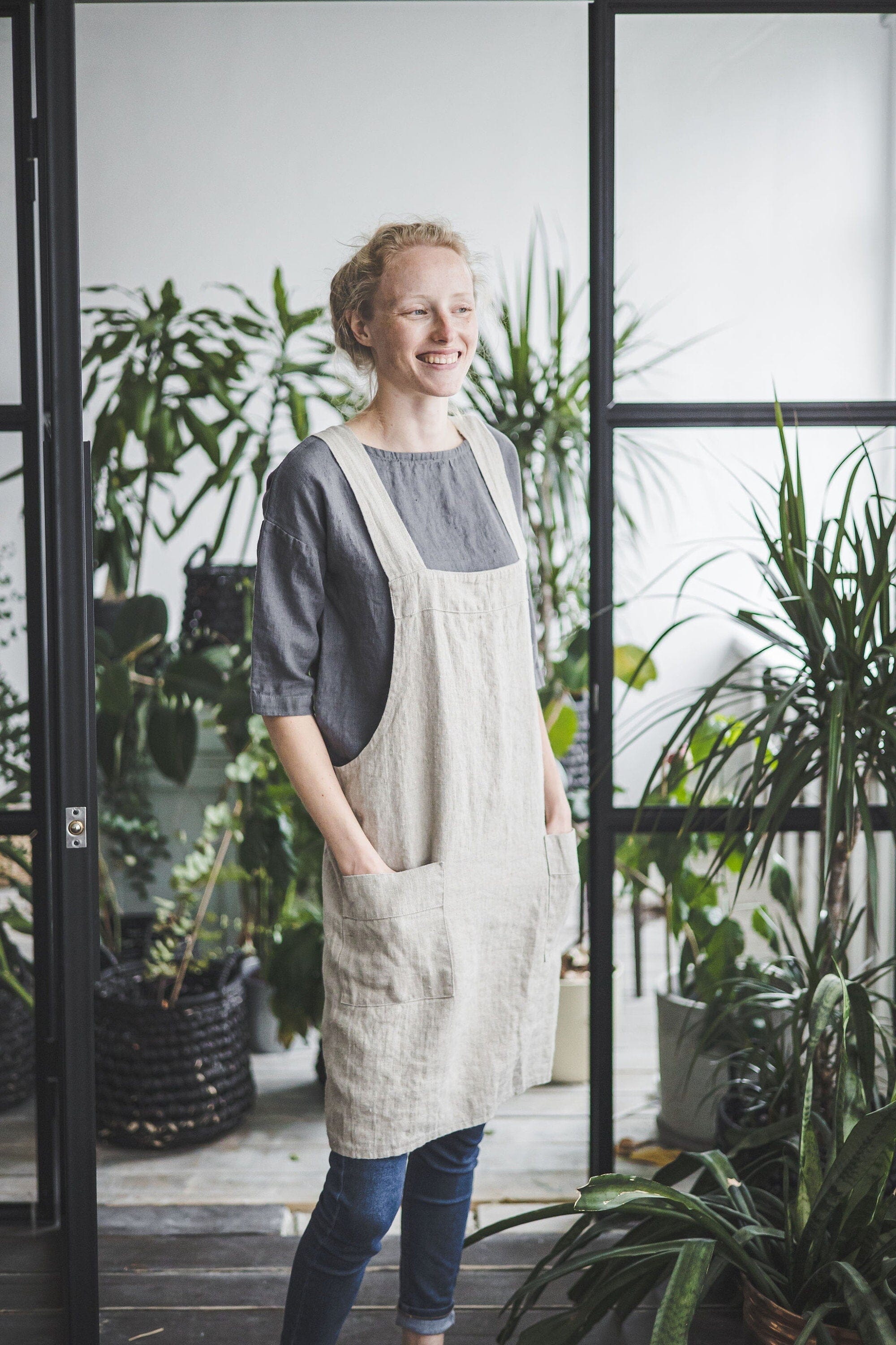 Heavy Linen Cross Back Pinafore Apron Dress with Pockets Old Linen Mill Heavy Linen Cross Back Pinafore Apron Dress with Pockets Old Linen Mill